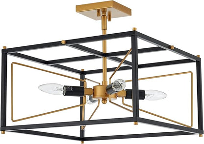 Industrial Semi Flush Mount Ceiling Light, Antique Brass Brush Paint and Black Finish Cage Mini Chandelier Mid Century for Porch Hallway Kitchen Bedroom Balcony 4-Light