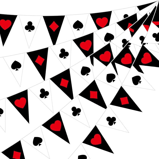 HESTYA 5 Pcs 49 Ft Casino Party Decorations Pennant Banner, Vegas Triangle Flags Garland, Poker Night Bunting with Playing Card Suits, Pre-Strung Paper for Birthday, Casino Night, Blackjack Decor