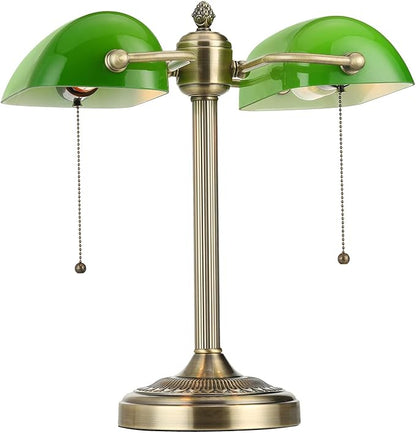 Green Double Head Glass Bankers Desk Lamp with Pull Chain Switch Plug in Fixture for Library, Office, Cafe