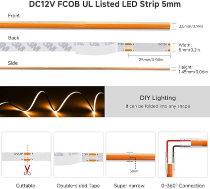 BTF-LIGHTING FCOB COB LED Strip Orange Color 5mm Width UL Listed Super Narrow Flexible Uniform Light DC12V 16.4FT CRI 90+ Dimmable LED Ribbon for Bedroom Home Indoor Decor(No Adapter or Controller)