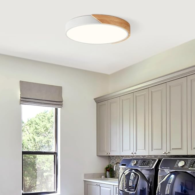 Modern Dimmable Wood Ceiling Light, Minimalist LED 5CCT 2700K-6000K Flush Mount Ceiling Light Fixture, Round Lighting Lamp for Bedroom Living Room Dining Room Laundry, White, 15.8"