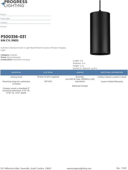Progress Lighting P500356-031 6IN CYL RNDS Cylinder, Black, 12.00x6.00x6.00