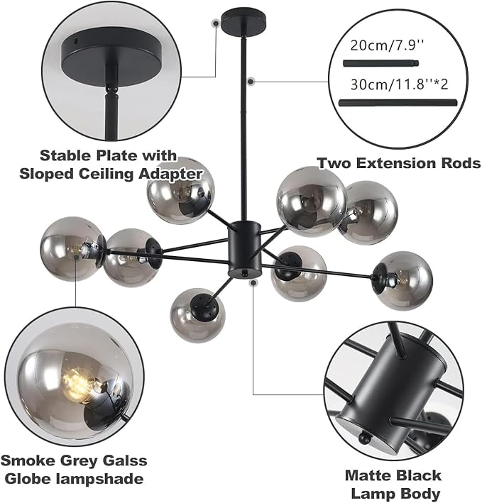 KCO Lighting 8 Lights Modern Sputnik Ceiling Light Fixture Black Globe Chandelier Smoke Gray Glass Chandelier Mid Century Hanging Light Fixture