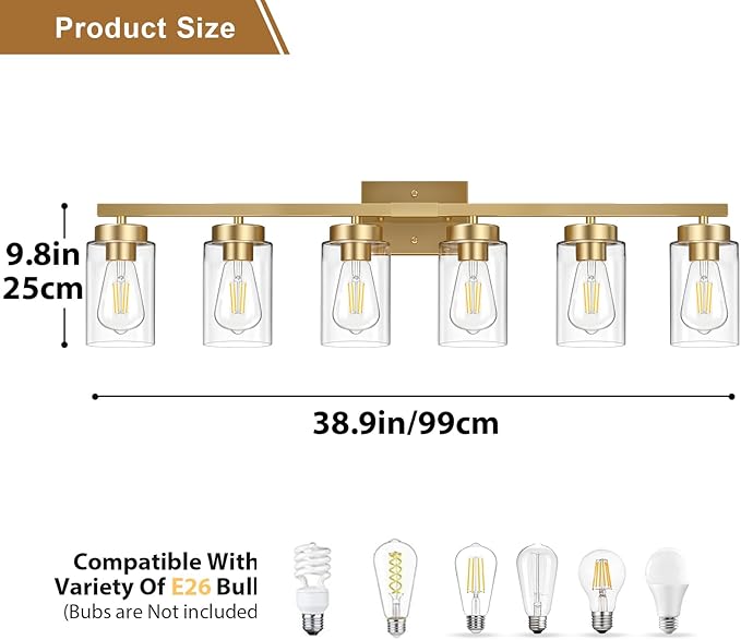 IZORRO Modern Bathroom Light Fixtures, 6 Light Gold Vanity Lights, Bathroom Lightig Fixtures Over Mirror with Clear Glass for Living Room Cabinet
