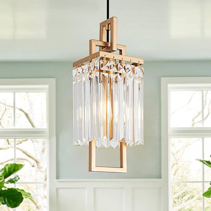 Modern Gold Pendant Light Fixtures for Kitchen Island and Dining Room, Industrial Small Hanging Crystal Chandelier Light Fixture for Bedroom Entryway Living Room Foyer Hallway 1-Pack