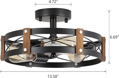 3-Light Rustic Farmhouse Wood Flush Mount Ceiling Light Fixture 13.6 inch Oak Wood and Metal Round Cage Semi Flush Mount Ceiling Light for Hallway Hall Entry Bedroom Kitchen Farmhouse, Black