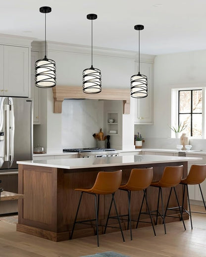 Black Pendant Lights for Kitchen Island, Industrial Pendant Light Fixture with Frosted Glass Shade, Farmhouse Adjustable Spiral Iron Pendant Lighting for Dining Room Foyer Hallway Kitchen