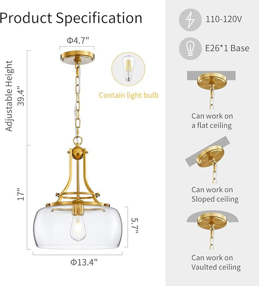 WUZUPS Chandelier Rustic Farmhouse Industrial Round Ceiling Pendant LED Light Fixture with Clear Glass Shades for Dining Room Kitchen Island Foyer Entryway, H 17" x W 13.4", E26 Base, Brushed Gold