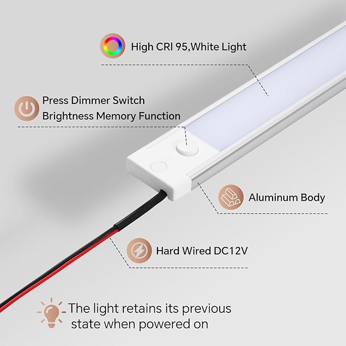 acegoo RV Interior LED Light Bar 12V LED Light Strip for Motorhome Camper Trailer Kitchen Countertop Under Cabinet Lighting, Integral Dimmer Switch & Red Night Light (Natural White, 16.5 inch)