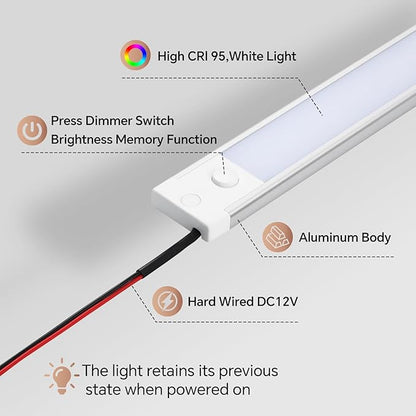 acegoo RV Dimmable Under Cabinet LED Lighting 12V Linear Light Bar with Integral On Off Dimming Switch & Red Night Light, Screw Mount Hard-Wired for RV Van Truck Motorhome (12 Inches Warm White 2Pcs)