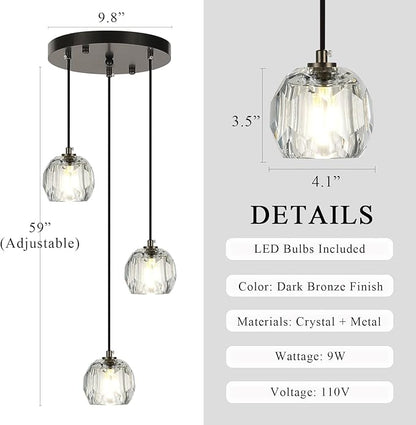 Modern Crystal Pendant Light Fixtures, Round Black LED Ceiling Hanging Lamps, Raindrop Crystal Chandelier for Bedroom, Dining Room Kitchen Island Bathroom