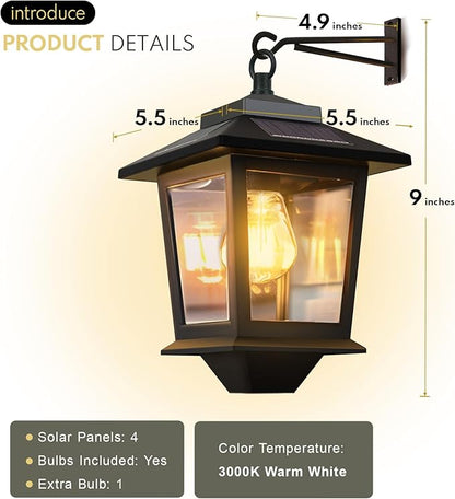 PASAMIC 2 Pack Solar Wall Lanterns with Replaceable Bulb,Outdoor Hanging Lights with 4 Solar Panels,Dusk to Dawn Led Outdoor Wall Sconce, Anti-Rust Waterproof Lanterns with Hooks,3000K Warm White