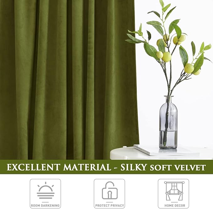 StangH Olive Green Velvet Curtains for Bedroom, Back Tab Light Blocking Thermal Insulated Window Door Drapes for Living Room/Farmhouse/Office, W52 x L84, 1 Panel