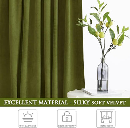 StangH Olive Green Velvet Curtains for Bedroom, Back Tab Light Blocking Thermal Insulated Window Door Drapes for Living Room/Farmhouse/Office, W52 x L84, 1 Panel