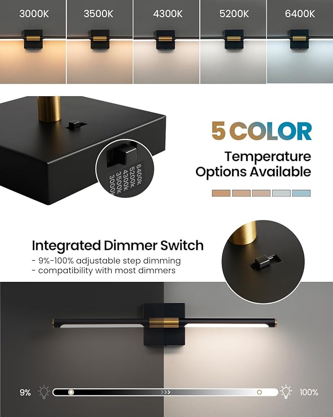 Black Gold Vanity Light Fixtures for Bathroom Over Mirror 24 inch LED Bath Sconces IP44 5CCT Adjustable Morden Picture Lights for Paintings (Built-in Dimmer)