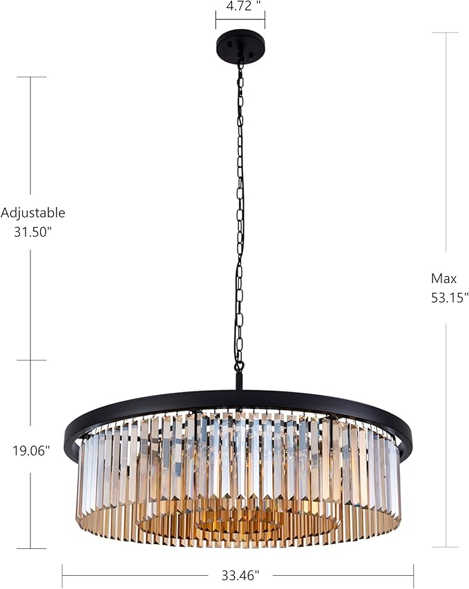 Wellmet Crystal Chandeliers for Dining Room,3 Tiers Black Farmhouse Chandelier for Bedrooms,9 Lights Modern Light Fixture for Kitchen Island,Living Room,Hallway,Golden Teak,W-33.46”
