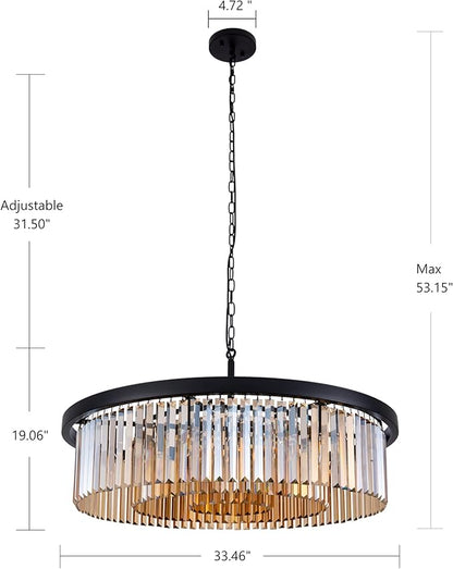 Wellmet Crystal Chandeliers for Dining Room,3 Tiers Black Farmhouse Chandelier for Bedrooms,9 Lights Modern Light Fixture for Kitchen Island,Living Room,Hallway,Golden Teak,W-33.46”