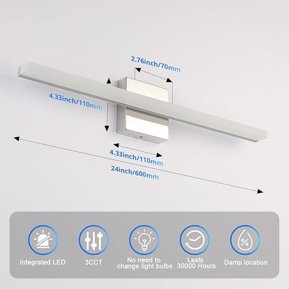 Combuh Modern Bathroom Vanity Light Fixtures Above Mirror Soft Shadow Free Wall Lamp, LED 14W 24 Inch Long Lamp Bars 3CCT Dimmable Chrome Sink Restroom Lighting Lámparas Luces para Baños Sobre Espejo