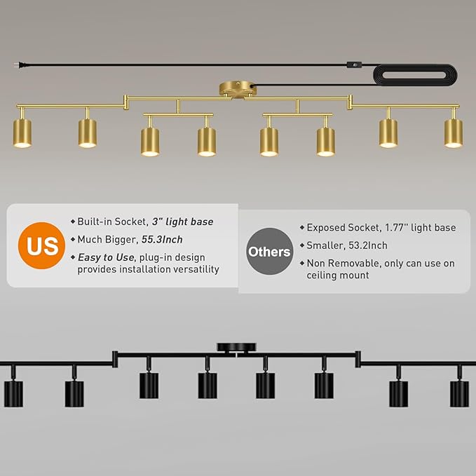 Plug in Track Lighting, LED Track Lighting Fixtures Ceiling Kit, Gold 8-Light Ceiling Light Plug-in, Wall Light with 15ft Power Cord, Rotatable Kitchen Spotlight for Bedroom(GU10 Socket, NO Bulb)