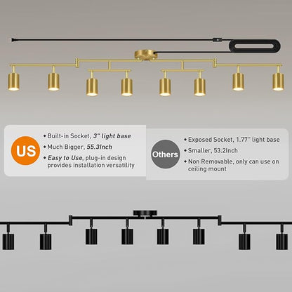 Plug in Track Lighting, LED Track Lighting Fixtures Ceiling Kit, Gold 8-Light Ceiling Light Plug-in, Wall Light with 15ft Power Cord, Rotatable Kitchen Spotlight for Bedroom(GU10 Socket, NO Bulb)