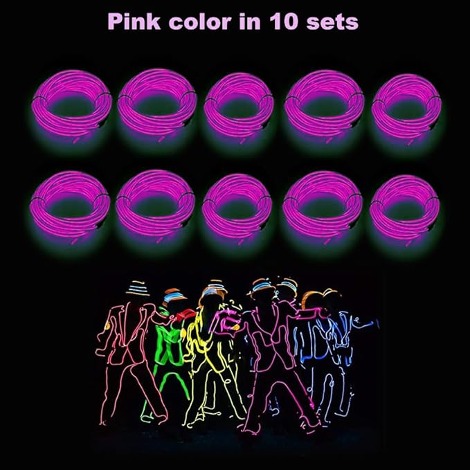 MaxLax EL Wire Pink 10-Pack, 16.4ft/5m Neon Light Wire with Noise Reduction and Battery Pack…