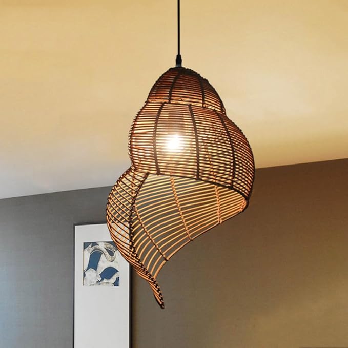 Retro Conch Pendant Lamp Hand Woven Ceiling Lighting Weave Bamboo Rattan E26 Hanging Light Fixture Retro Japanese Wicker Lamp Shade for Bedroom Restaurant Cafe Brown