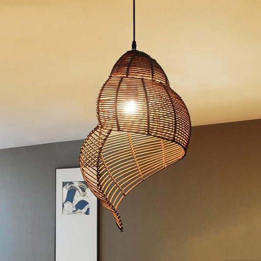 Retro Conch Pendant Lamp Hand Woven Ceiling Lighting Weave Bamboo Rattan E26 Hanging Light Fixture Retro Japanese Wicker Lamp Shade for Bedroom Restaurant Cafe Brown