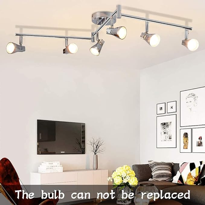 DLLT Modern LED Track Lighting Kit-6 Lights Adjustable Decorative Track Light Fixture, 6 Way Flush Mount Ceiling or Wall Spotlight for Kitchen, Dining Room, Hallway, Bedroom, Warm Light, Silver