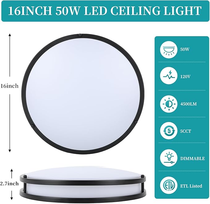 16Inch Flush Mount LED Ceiling Light Fixtures Black, 5CCT Adjustable 2700K 3000K 4000K 5000K 6500K, 4500LM Close to Ceiling Light for Kitchen, Hallway, Bathroom, Kitchen, Bedroom, 1 Pack