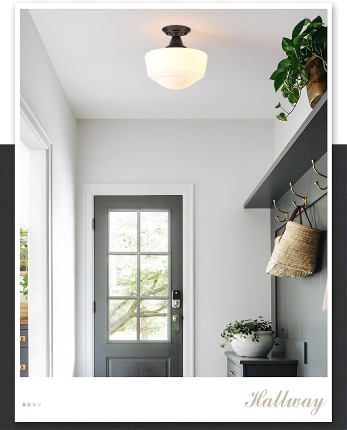Schoolhouse Light Fixture, 12 Inch Black Finish with Milk Glass Semi Flush Mount Ceiling Light, Ceiling Light Fixture for Kitchen Hallway Entryway