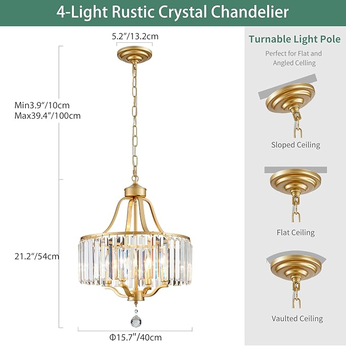 Crystal Chandelier - Rustic Gold Pendant Light - 15.7 Inch Diameter Height Adjustable Modern Ceiling Light - Ideal for Dining Rooms, Kitchens, Living Rooms