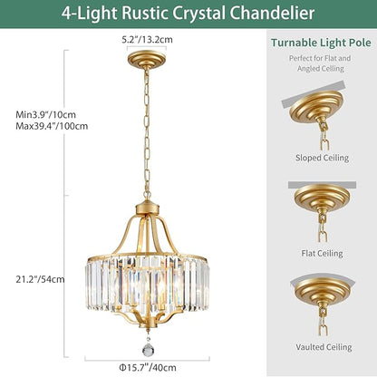Crystal Chandelier - Rustic Gold Pendant Light - 15.7 Inch Diameter Height Adjustable Modern Ceiling Light - Ideal for Dining Rooms, Kitchens, Living Rooms