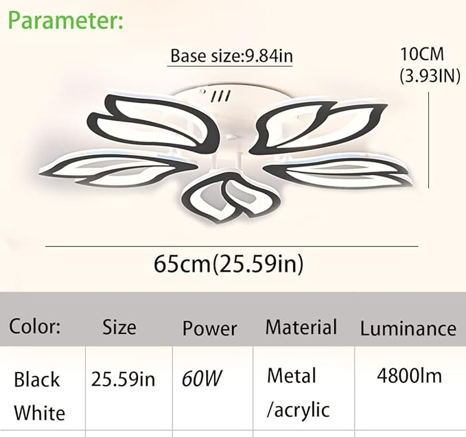 Led Modern Ceiling Light Flush Mount Black 5-Leaf Lights Ceiling Lamp Dimmable with Remote Chandelier 25.59in for Bedroom Living Room Kitchen Dining Room Office