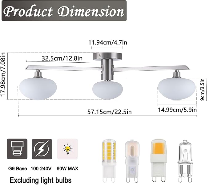 3-Light Mid Century Modern Ceiling Light 22.5" Brushed Nickel Semi Flush Mount Ceiling Light with Milk Glass Shade for Bedroom, Entryway, Hallway, Kitchen lsland, Dining Room & Living Room