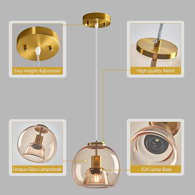 Light Coffee Glass Pendant Lights Kitchen Island Gold Hanging Light Fixture Glass Globe Pendant Light Modern Pendant Lighting for Kitchen Island Bedroom Dining Room (7.87", 3 Pack)