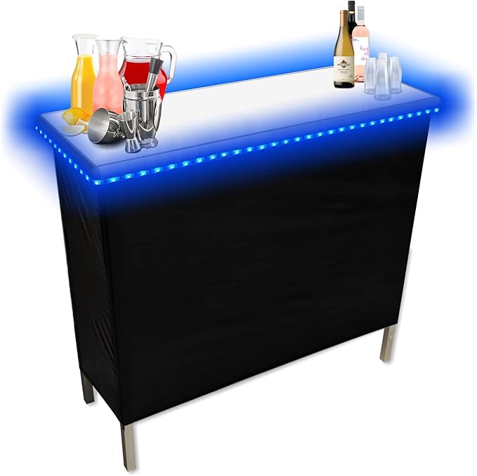 Folding Portable Party Bar w/Patended LED Lights, Black & Hawaiian Bar Skirts, Storage Shelf, & Carrying Case