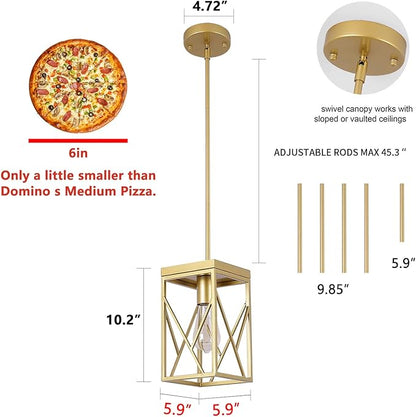 Fivess Lighting Modern Gold Pendant Light with Metal Cage, One-Light Adjustable Rods Mini Pendant Lighting Fixture for Kitchen Island Cafe Bar Farmhouse