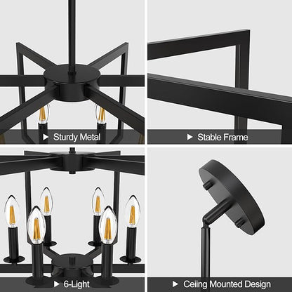 Modern Black Chandelier, 6-Light Geometric Dining Room Light Fixture, Industrial Pendant Lights Kitchen Island, Hanging Metal Farmhouse Chandeliers for Dining Room Entryway Foyer Bedroom Kitchen
