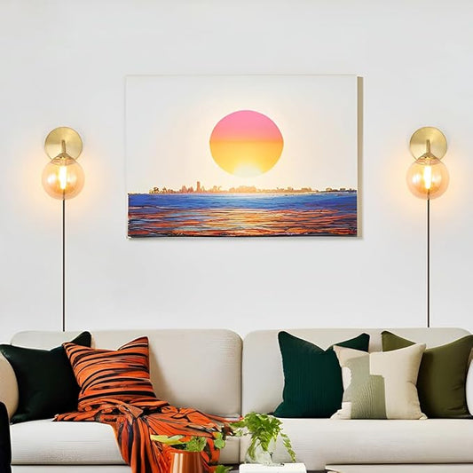 Modern Gold Plug in Wall Light, Wall Light Fixture with Amber Glass Shade, Elegant Brass Sconces Wall Decor Set of 2, Wall Sconce Light with Plug in Cord for Bedroom Hallway Reading