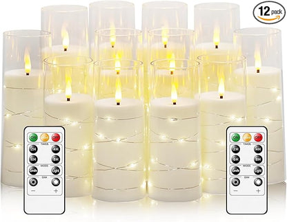 Sasigeiaa Flameless Candles with Embedded Star String - Battery Operated LED Candles, with Remote,12 White Flickering Candles for Christmas, Weddings, Home Decor & Party,(D 2.3"×H 5" 6" 7")