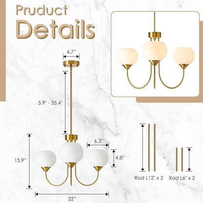 Modern Globe Chandelier 3 Light Mid Century White Milk Glass Vintage Sputnik Chandeliers Gold Pendant Light Fixtures for Dining Room Kitchen Living Room Bedroom