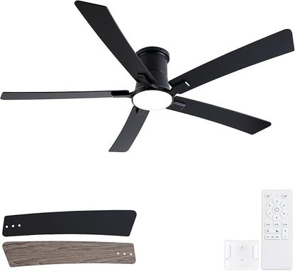 60 Inch Ceiling Fans with Lights and Remote, Black Low Profile Ceiling Fan, Flush Mount Style with 5 Blades, For Indoor Bedroom Living Room/Outdoor, 6 Speed Reversible DC Motor, 3CCT Dimmable LED