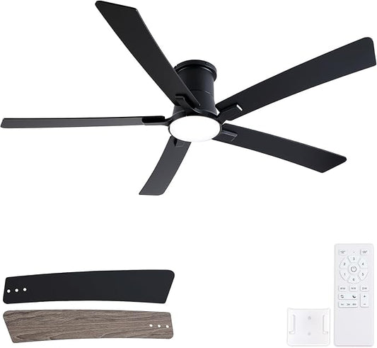 60 Inch Ceiling Fans with Lights and Remote, Black Low Profile Ceiling Fan, Flush Mount Style with 5 Blades, For Indoor Bedroom Living Room/Outdoor, 6 Speed Reversible DC Motor, 3CCT Dimmable LED