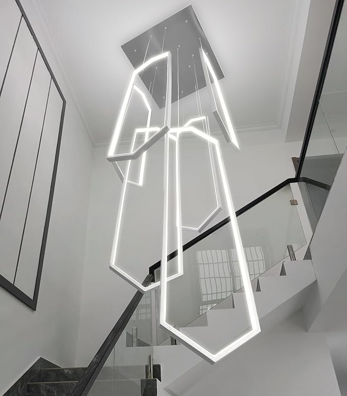 6 Rings Modern Chandelier LED Dimmable Long Large High Ceiling Chandelier Adjust Flush Mount Ceiling Light for Entrance Foyer Lobby Staircaes