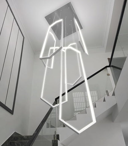 6 Rings Modern Chandelier LED Dimmable Long Large High Ceiling Chandelier Adjust Flush Mount Ceiling Light for Entrance Foyer Lobby Staircaes