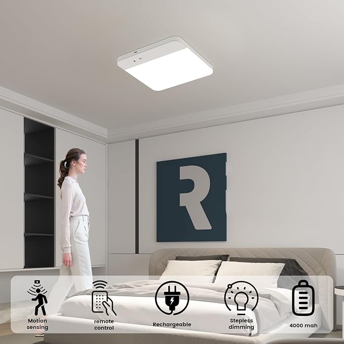 Rechargeable Motion Sensor Ceiling Light Fixture, 7.8inch Dimmable 3000K/4500K/6500K Adjustable Square White Closet Light for Hallway Bathroom Kitchen, Timer, 500LM,RA80