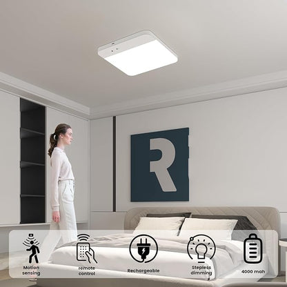 Rechargeable Motion Sensor Ceiling Light Fixture, 7.8inch Dimmable 3000K/4500K/6500K Adjustable Square White Closet Light for Hallway Bathroom Kitchen, Timer, 500LM,RA80
