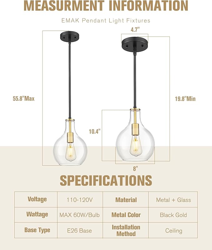 Emak 2 Pack Modern Pendant Lights Kitchen Island, Black and Gold Pendant Light Fixtures with Clear Glass Shade, Farmhouse Hanging Lights for Kitchen, Dining Room, Bathroom, PL125-BKBGD-CG-2PK