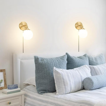 Gold Plug in Wall Sconce Set of 2, Wall Light Fixture with Plug in Cord On/Off Switch, Mid Century Art Deco Wall Lighting Fixture with Milky White Globe Glass Lampshade for Bedroom Living Room Hallway