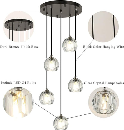 Modern Black Hanging Lights, Round LED Crystal Pendant Lights Fixtures, Raindrop Farmhouse Chandeliers for Dining Room Kitchen Island Living Room